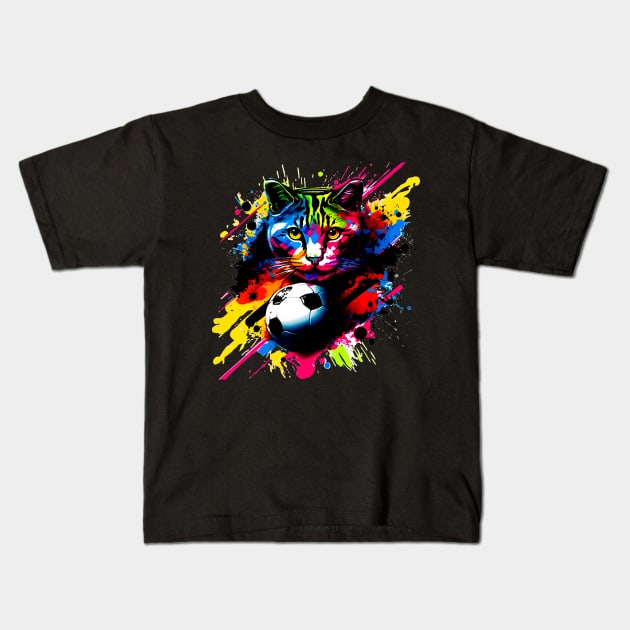 Soccer Cat - Soccer Futball Football - Graphiti Art Graphic Paint Kids T-Shirt by MaystarUniverse